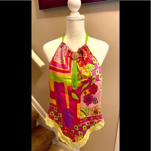 Silk halter top with jeweled and colorful